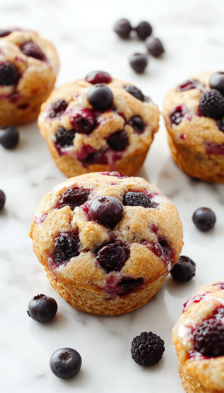 A plate of freshly baked Blueberry Yogurt Muffins with golden tops, garnished with fresh blueberries and mint leaves on a rustic wooden table.