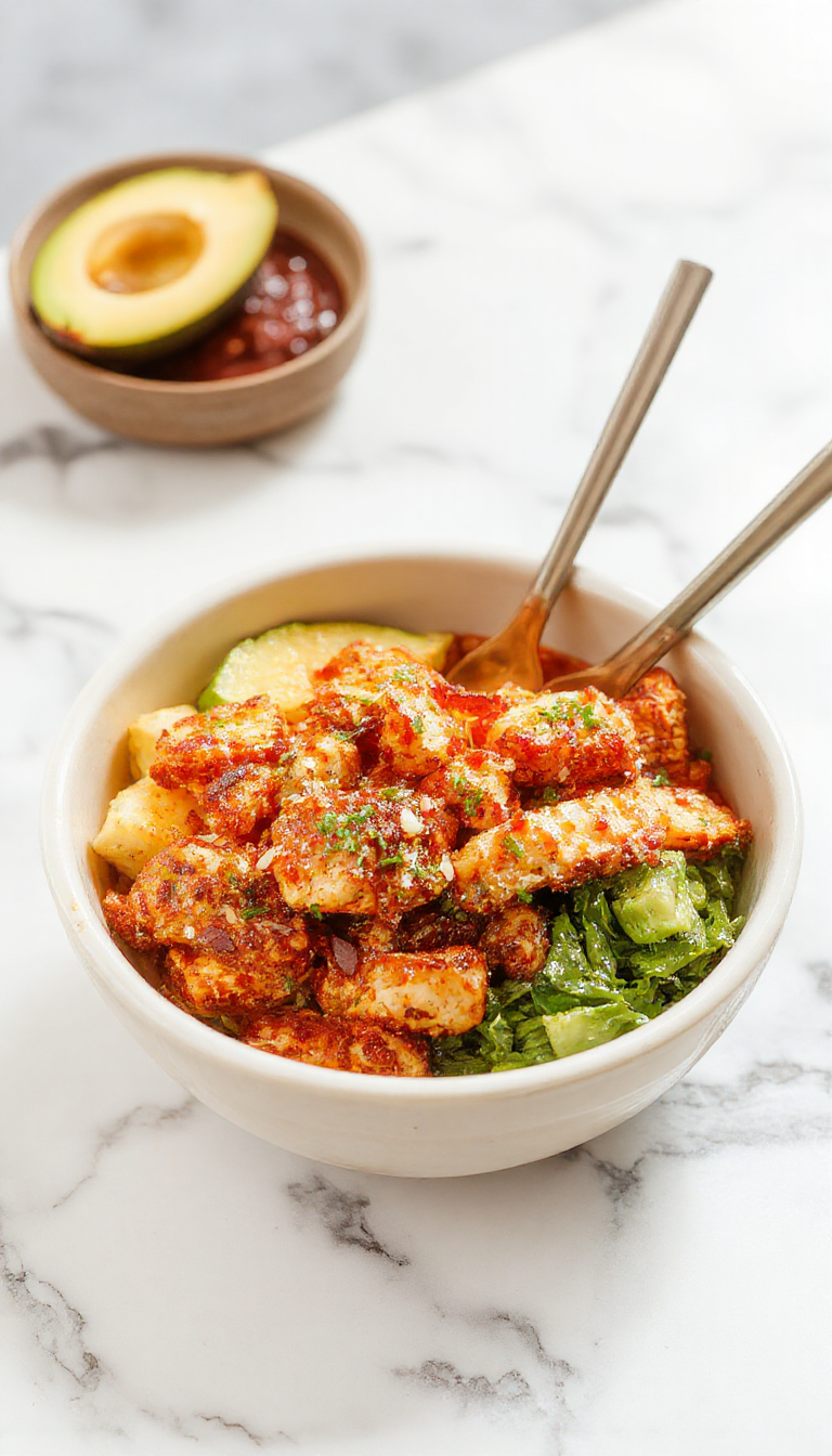 A vibrant bowl filled with crispy firecracker chicken, colorful vegetables, and rice, topped with spicy sauce and garnished with green onions.