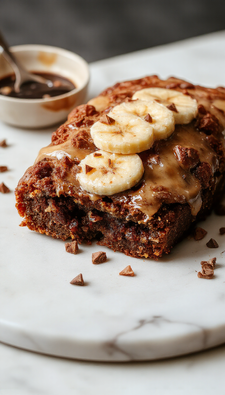 A slice of Festive Espresso Banana Bread garnished with chocolate chips and a drizzle of espresso glaze on a holiday-themed plate