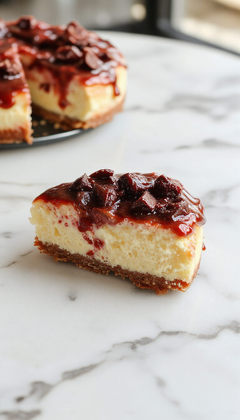 A vibrant slice of Fiesta Cheesecake Delight topped with colorful fruit garnishes and a drizzle of caramel, set on a decorative plate.