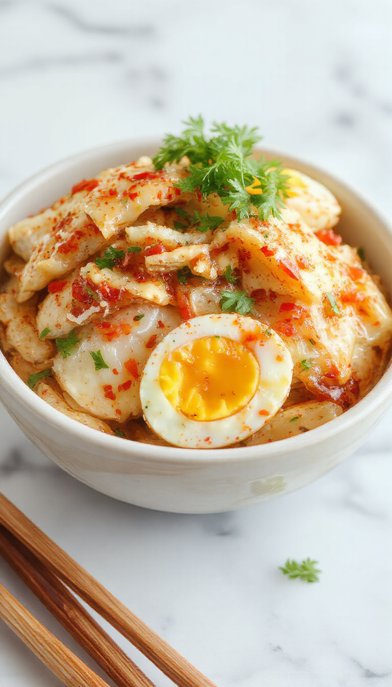 A vibrant low-carb egg roll bowl topped with sliced green onions, shredded lettuce, and sesame seeds, served in a white bowl on a wooden table.