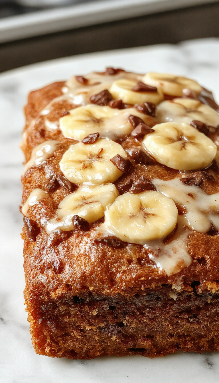 A sliced piece of golden banana bread on a rustic plate, garnished with a banana slice and a drizzle of honey, with a cup of coffee in the background.