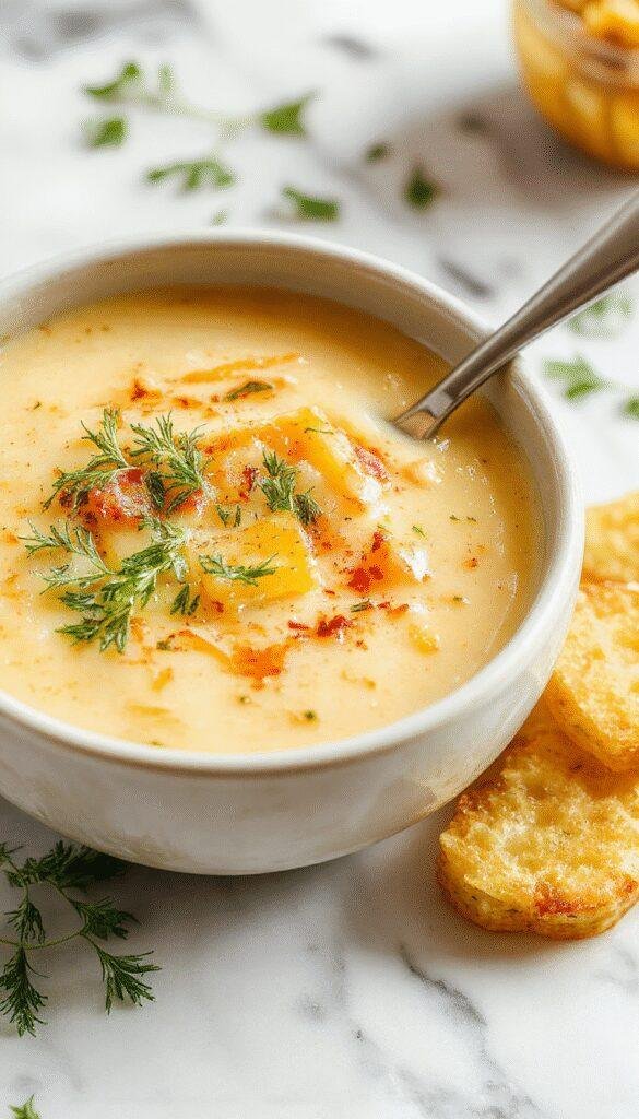 A warm bowl of Golden Comfort Creamy Cheddar & Herb Potato Soup, topped with fresh herbs and cheese, steaming and inviting.