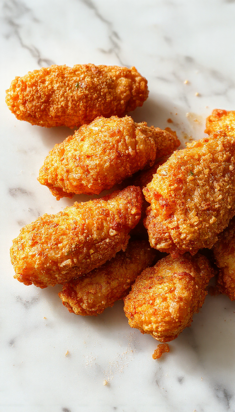Golden crispy chicken strips arranged on a platter with sides, showcasing their crunchy texture and juicy interior.