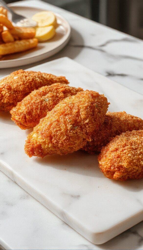 Golden crispy chicken tenders arranged on a plate with dipping sauces, garnished with fresh herbs