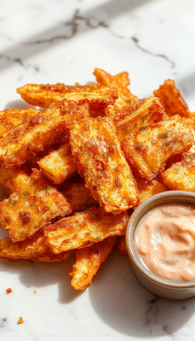 Golden crispy sweet potato fries served in a rustic bowl with fresh herbs, showcasing their crunchy texture and vibrant orange color.