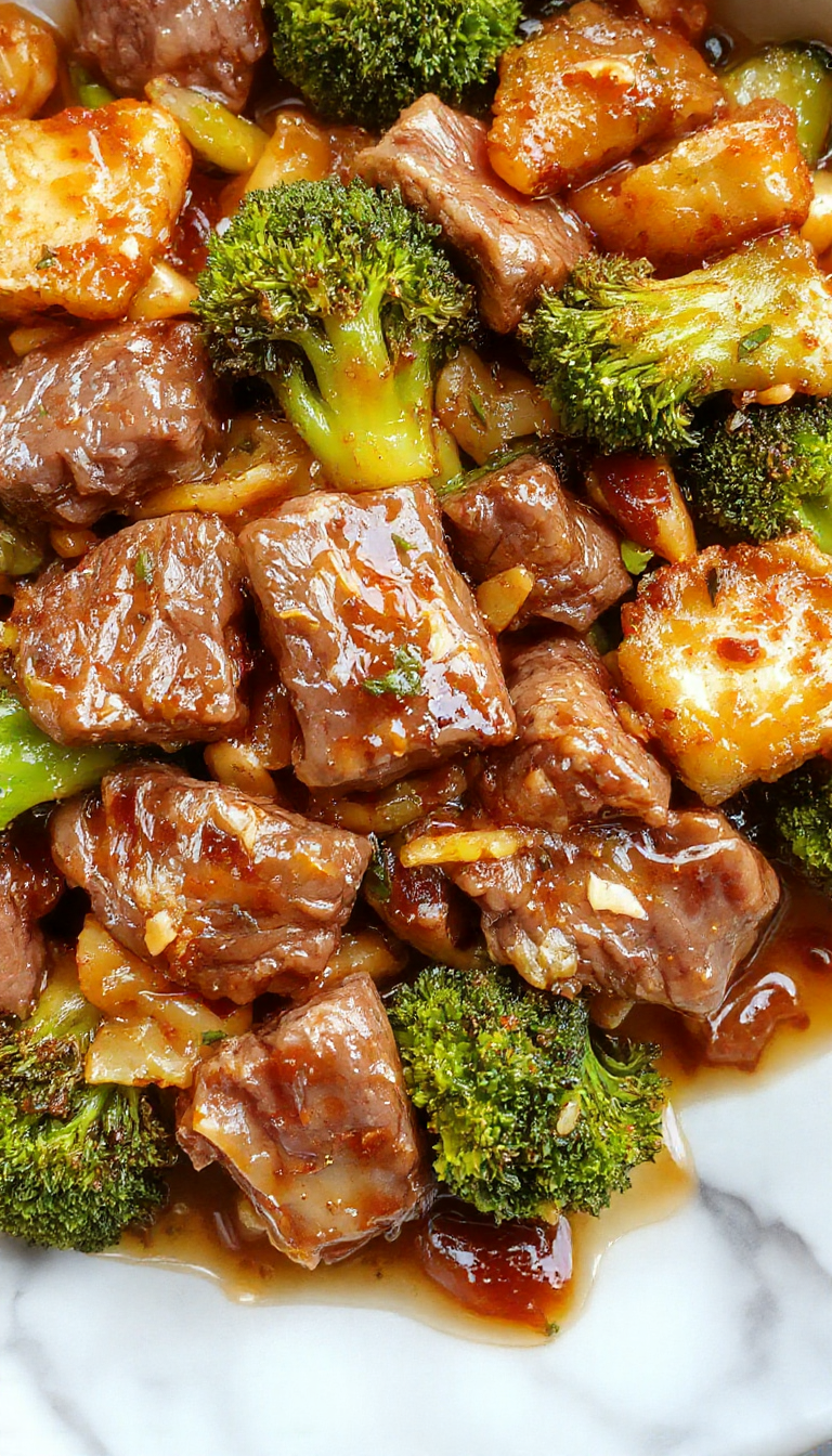 A sizzling skillet of Golden Honey Garlic Beef & Broccoli garnished with sesame seeds and green onions, highlighting the glossy sauce and tender beef slices.