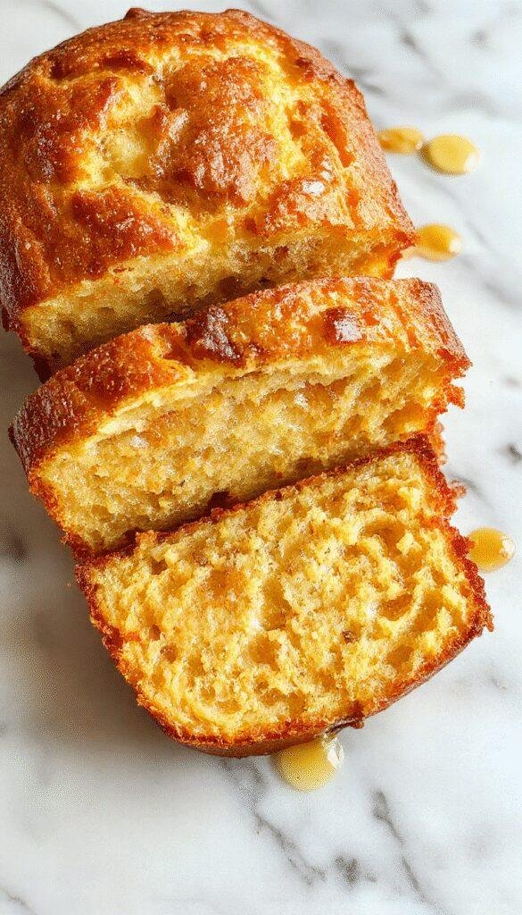 A freshly sliced golden honey vanilla banana bread loaf with a soft, fluffy texture and a golden crust, garnished with banana slices and a drizzle of honey.