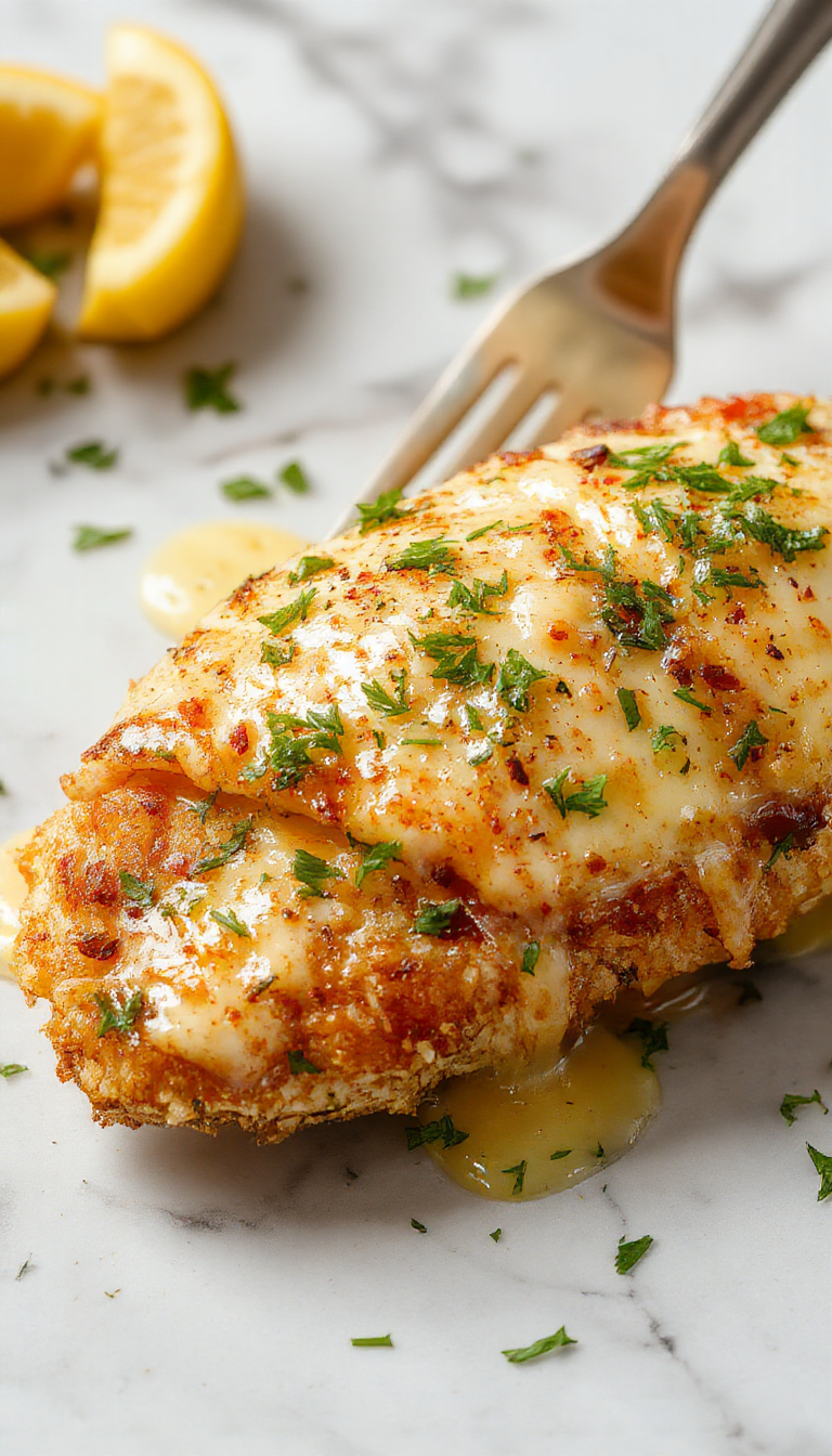 Golden Parmesan Chicken served with velvety garlic sauce, garnished with fresh herbs, on a stylish plate, highlighting the crispy crust and rich sauce.