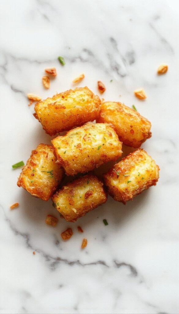 A golden Tater Tot Bake in a casserole dish, crispy on top with melted cheese and garnished with fresh herbs.