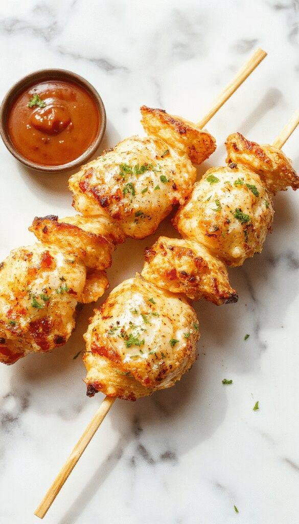 Juicy grilled chicken skewers coated with garlic and Parmesan cheese, garnished with fresh herbs on a summer picnic table.
