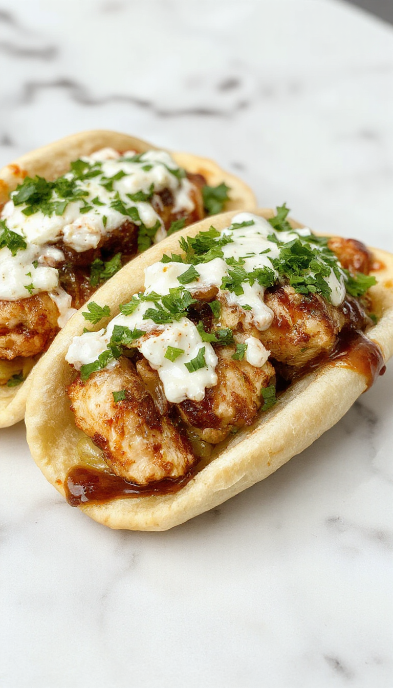 A plate of healthy Greek gyros featuring grilled chicken, fresh vegetables, crumbled feta cheese, and creamy feta tzatziki sauce.