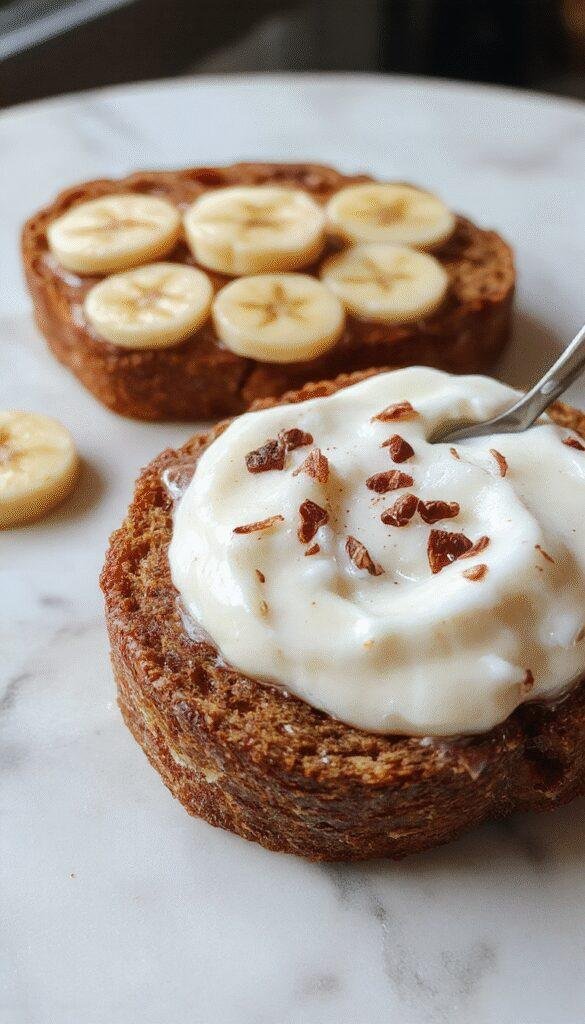 A slice of healthy Greek yogurt banana bread on a rustic wooden plate, garnished with banana slices and a drizzle of honey, surrounded by bananas and yogurt jars.