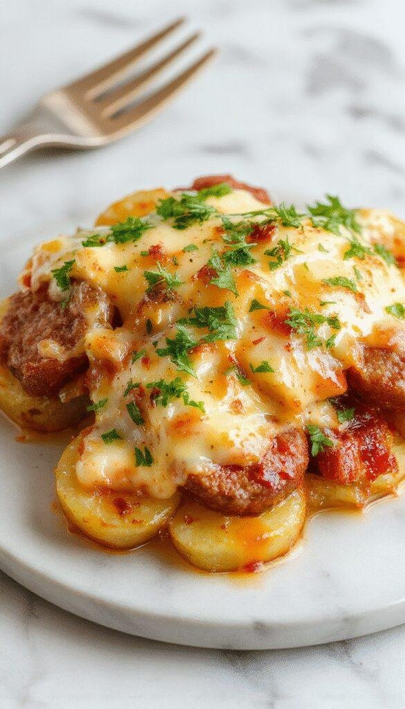 A hearty casserole dish featuring golden roasted potatoes, melted cheese, sliced smoked sausage, and creamy ranch dressing, garnished with fresh herbs.