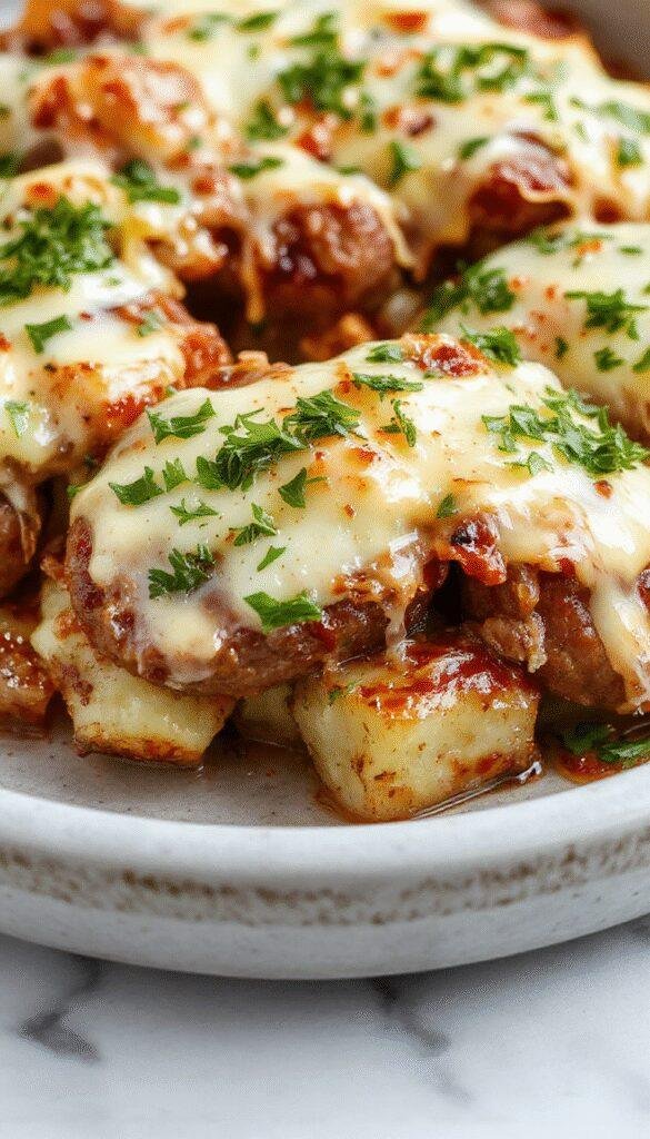 A close-up of a cheesy smoked sausage and ranch potato bake in a baking dish, topped with melted cheese and fresh herbs.