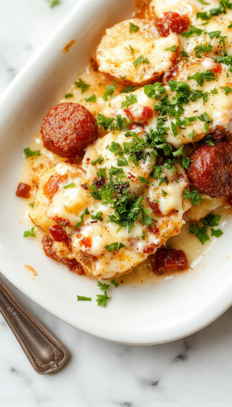 A hearty potato bake featuring sliced potatoes, sausage, and a creamy ranch sauce topped with melted cheese, served in a rustic baking dish.
