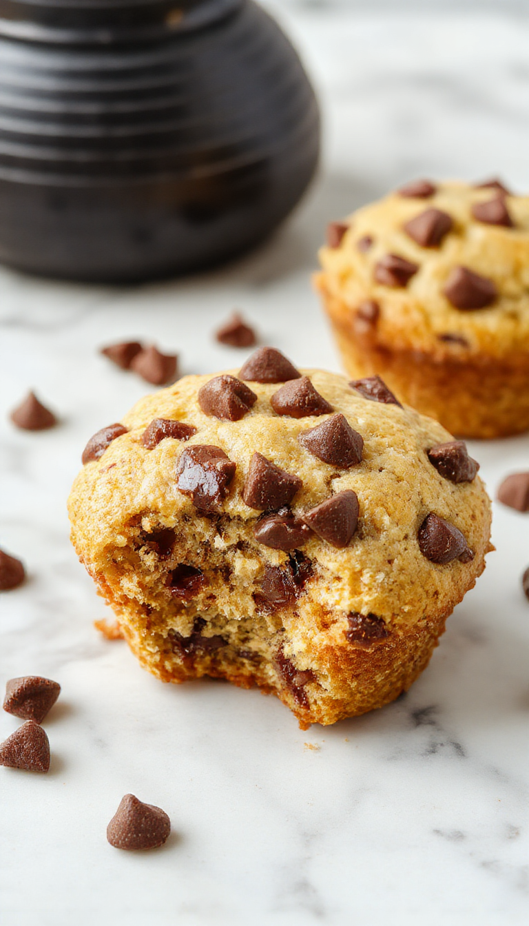 Freshly baked Heavenly Banana Chocolate Chip Muffins in a basket, showcasing golden tops with gooey chocolate chips and ripe banana slices inside.