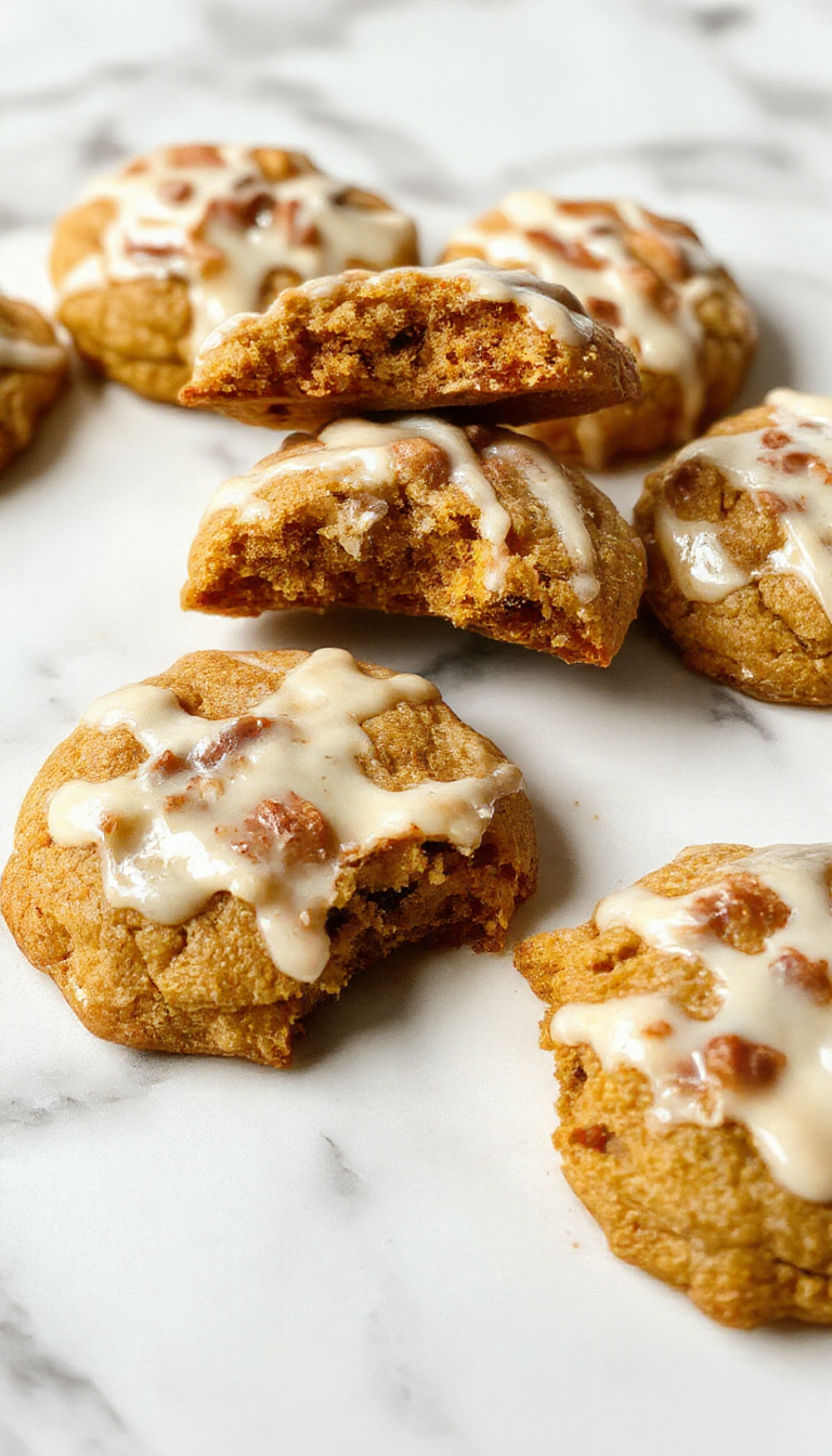 A plate of Heavenly Pumpkin Spice Cookies drizzled with cinnamon glaze, surrounded by autumnal decorations.