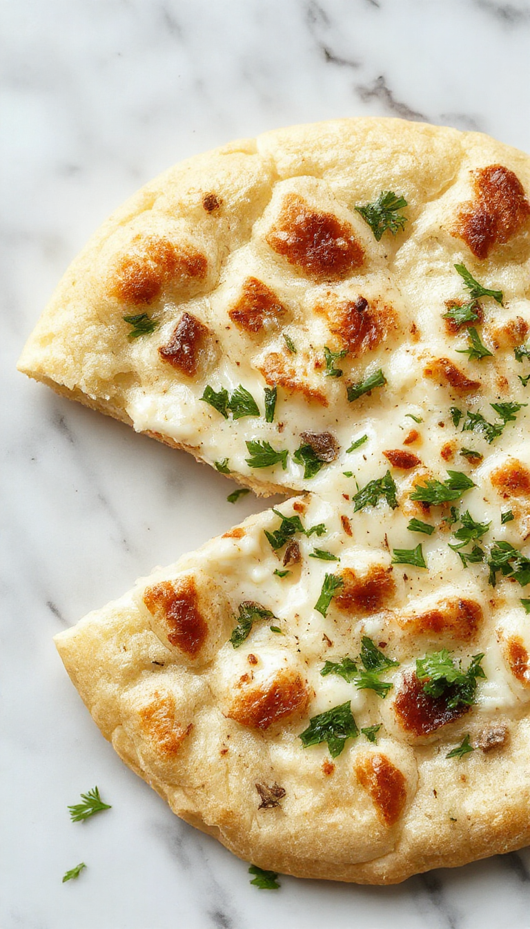 A slices of high-protein cottage cheese flatbread topped with fresh herbs and vegetables on a rustic wooden table.