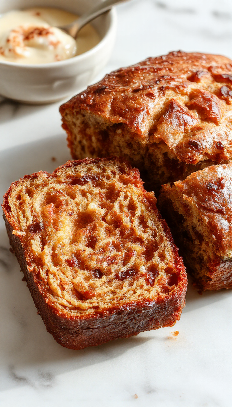 A sliced homemade banana bread loaf on a rustic wooden board with some bananas and walnuts around