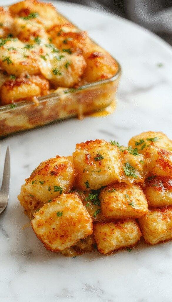 A hearty serving of homestyle tater tot casserole in a baking dish, topped with melted cheese and crispy tater tots, garnished with fresh herbs.
