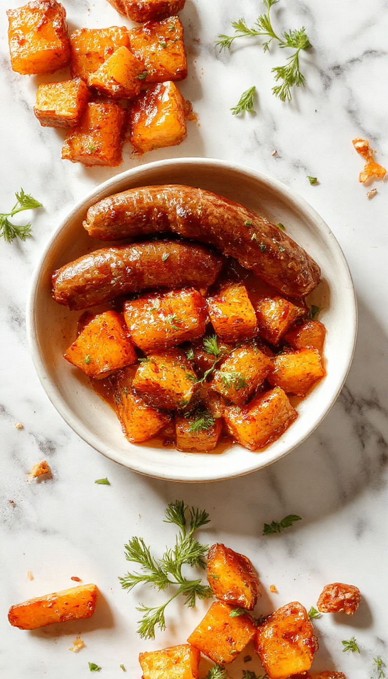 A vibrant skillet with golden roasted sweet potatoes, sizzling sausage links topped with caramelized garlic and a sprinkle of herbs