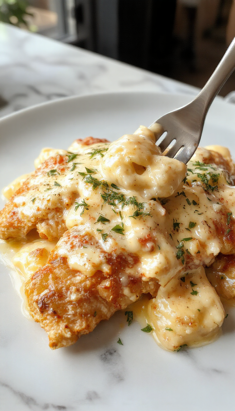 A steaming plate of creamy chicken Alfredo pasta topped with herbs and grated cheese, served on a rustic white table.