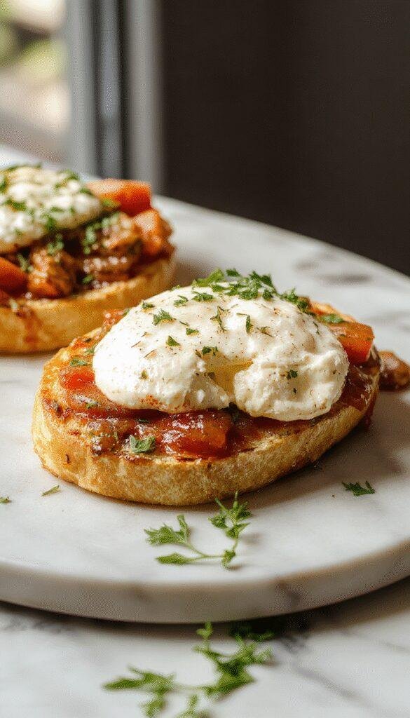 A close-up of a rustic wooden board with toasted baguette slices topped with creamy burrata, cherry tomatoes, fresh basil, and a drizzle of balsamic glaze