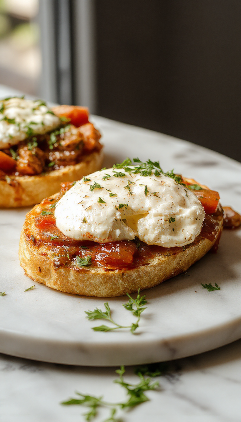 A close-up of a rustic wooden board with toasted baguette slices topped with creamy burrata, cherry tomatoes, fresh basil, and a drizzle of balsamic glaze