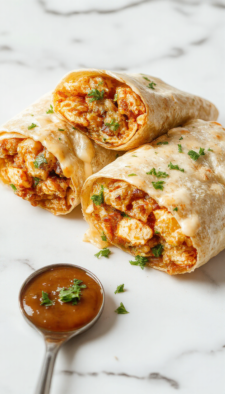 A close-up of cheesy garlic chicken wraps filled with grilled chicken, melted cheese, fresh herbs, and garlic sauce, neatly rolled on a plate.
