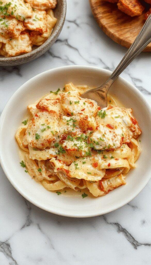 Creamy Boursin Chicken Pasta served on a stylish plate with fresh herbs sprinkled on top, showcasing tender chicken, pasta, and rich sauce.