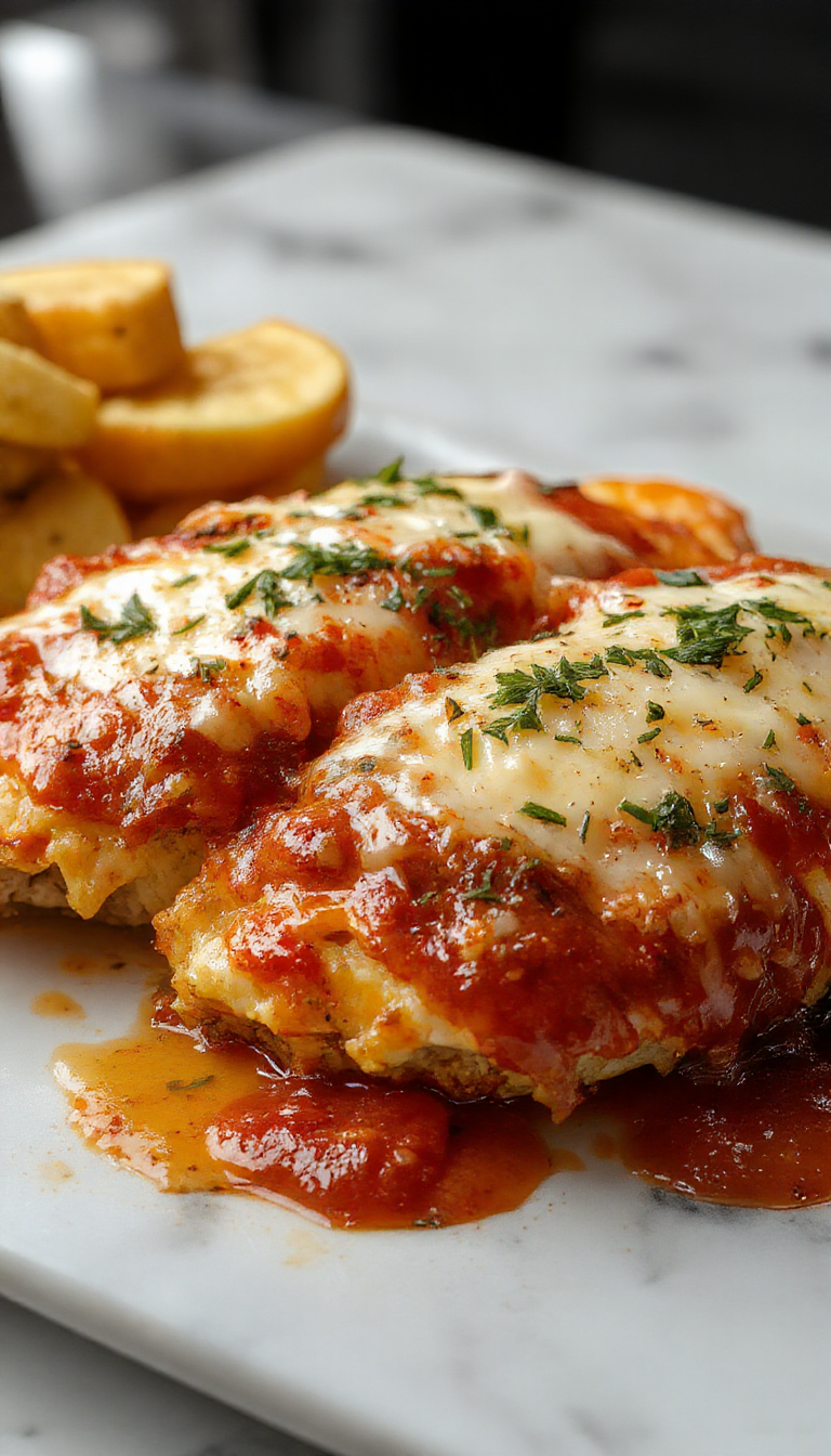 Golden baked chicken parmesan served on a plate, topped with melted cheese and fresh basil, with a crispy breadcrumb coating.