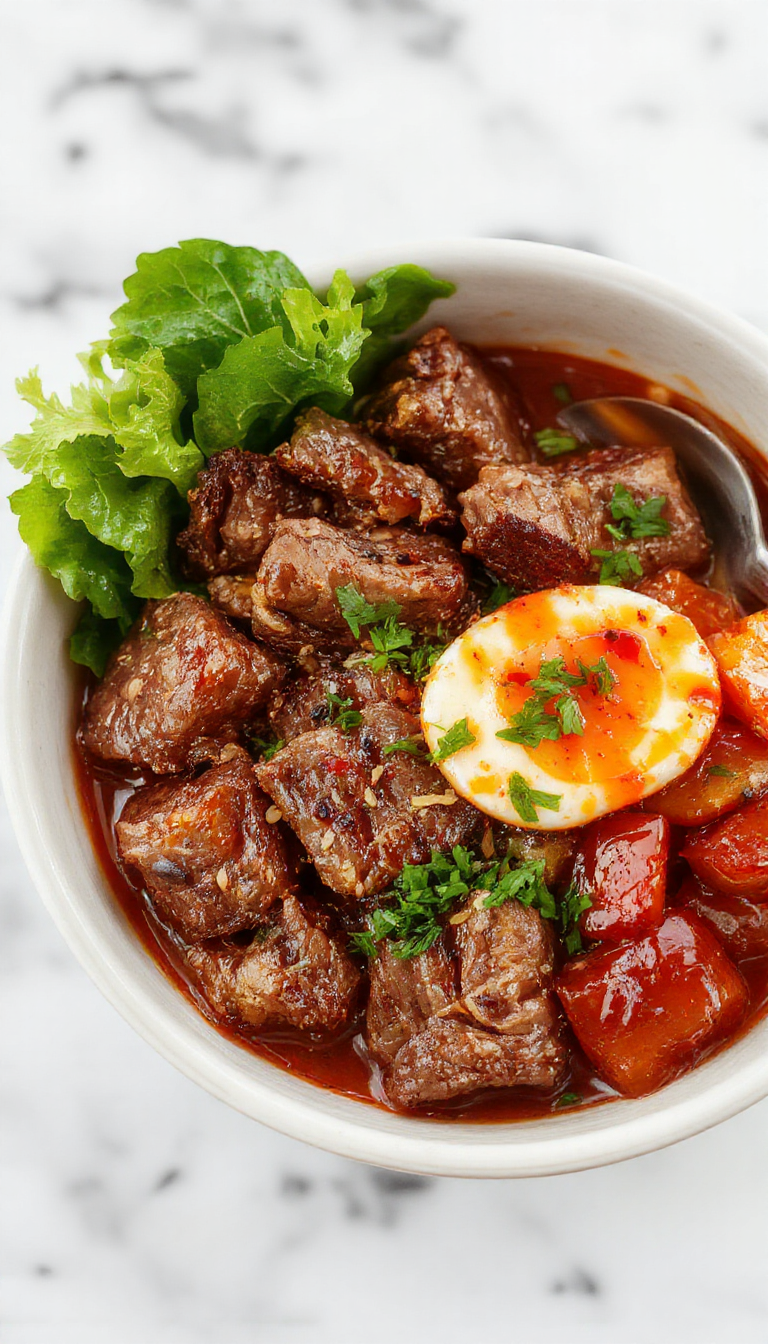 A vibrant bowl of Korean beef served over steamed rice, garnished with sliced green onions, sesame seeds, and colorful vegetables.