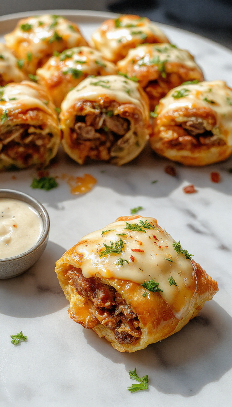 Golden-brown keto Philly cheesesteak rolls with melted cheese and thinly sliced steak spilling out of a flaky roll, garnished with herbs.