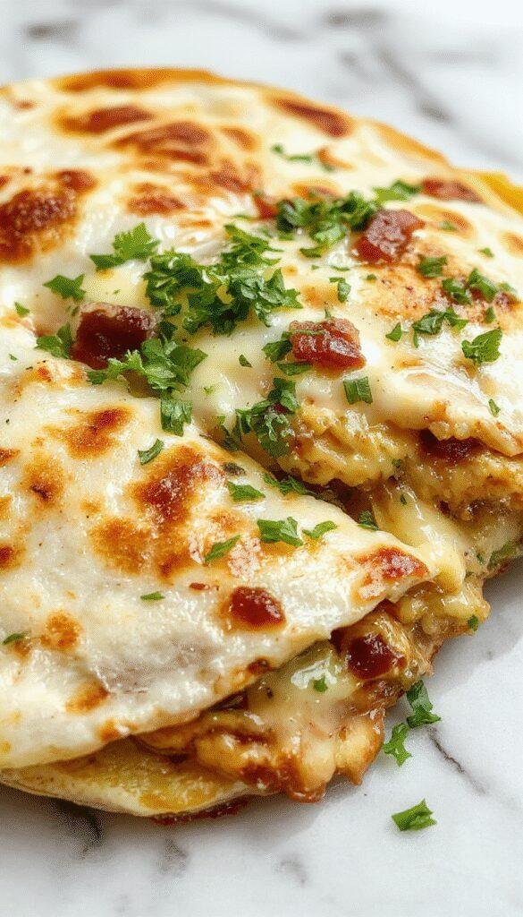 A sizzling chicken bacon ranch quesadilla cut in half, showing melted cheese, crispy bacon, grilled chicken, and fresh herbs inside.