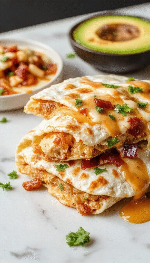 A plate of Lightning-Fast Chicken Bacon Ranch Quesadillas showing crispy golden-brown tortillas filled with chicken, bacon, and melted cheese, sliced into wedges.