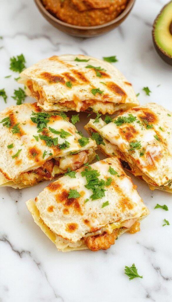 Golden-brown chicken quesadillas filled with melted cheese and fresh salsa, served on a plate with lime wedges and a side of ranch dipping sauce.