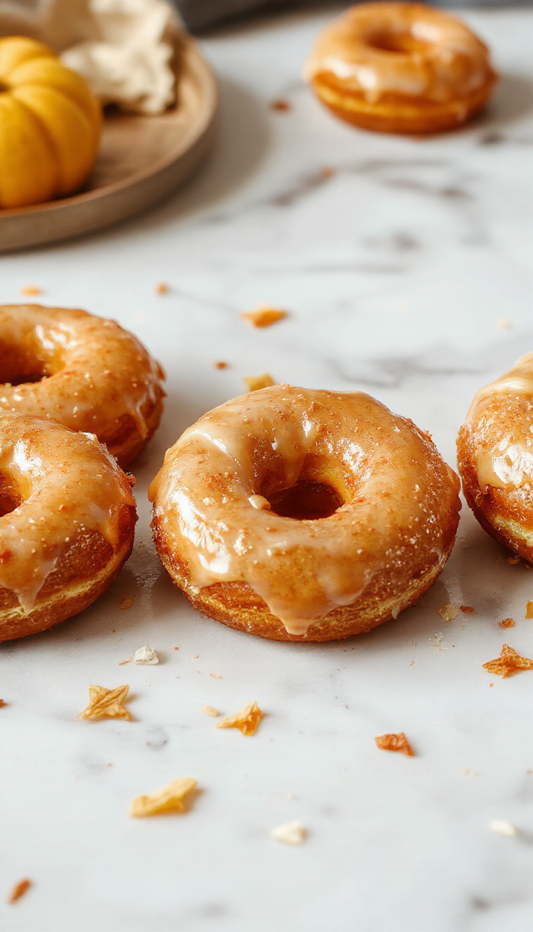 Golden pumpkin donuts topped with rich maple glaze and sprinkled with cinnamon, nestled on a rustic plate amid autumn leaves.