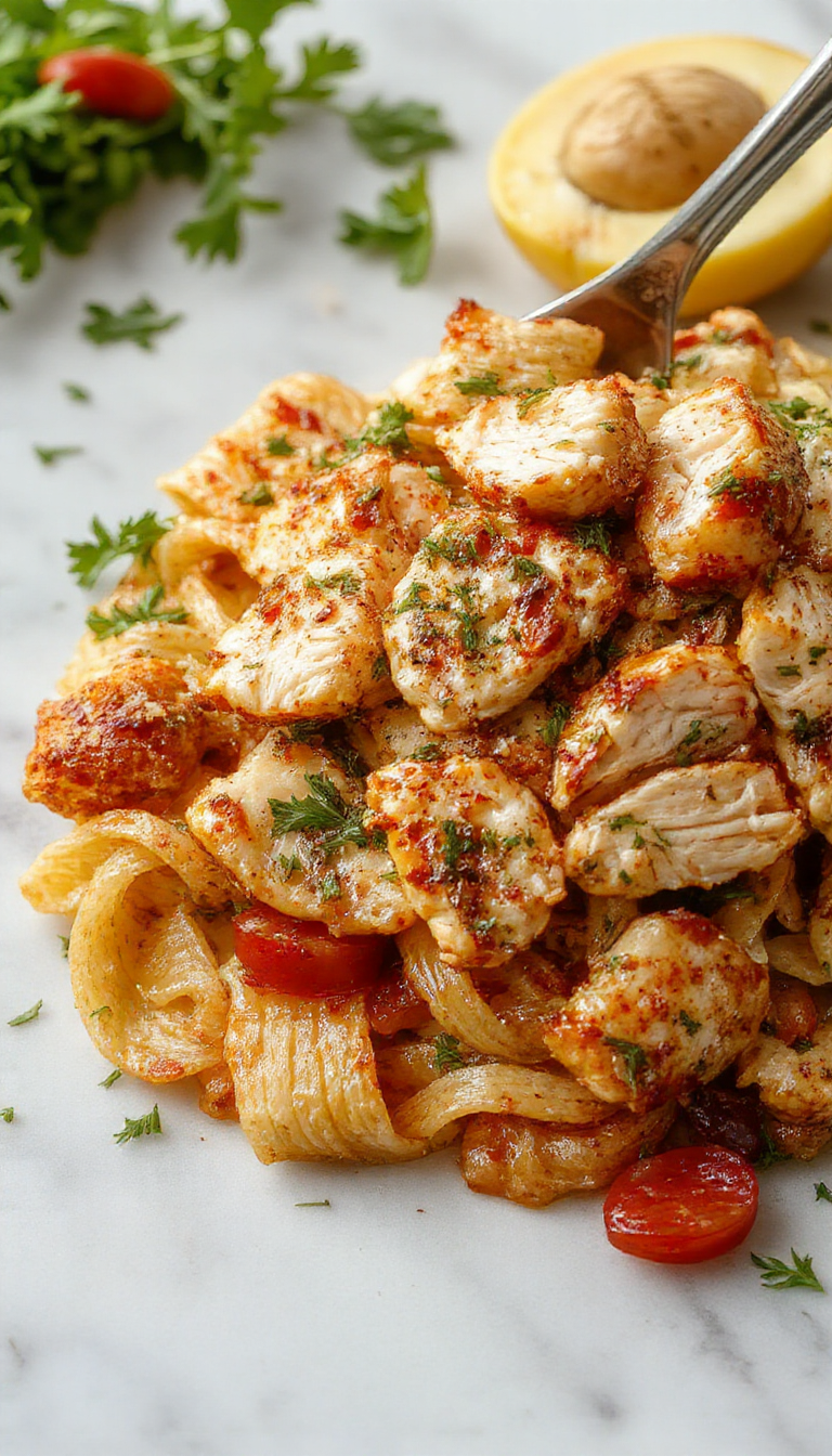 A vibrant plate of Mediterranean Chicken Pasta featuring grilled chicken, colorful vegetables, and pasta drizzled with herbs, perfect for summer.