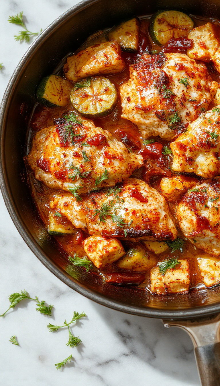 A colorful Mediterranean one-pan dish featuring succulent chicken pieces, vibrant zucchini slices, cherry tomatoes, olives, and herbs arranged on a rustic plate.