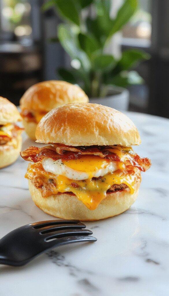 A close-up of savory breakfast sliders featuring crispy bacon, fluffy scrambled eggs, melted cheese, and toasted mini buns on a white plate.