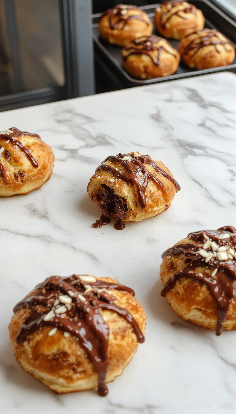 A warm, golden chocolate croissant bake sliced open to reveal gooey melted chocolate and flaky layers, garnished with powdered sugar on a rustic plate.