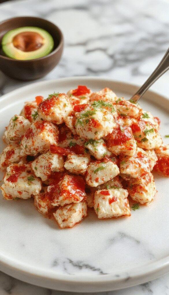 A vibrant oceanic crab salad plated on a white dish, garnished with fresh herbs and lemon wedges, showcasing colorful crab meat and crisp vegetables.