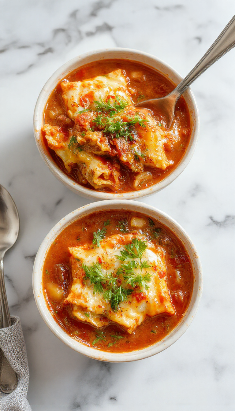 A steaming bowl of Slow Cooker Lasagna Soup topped with shredded cheese, basil leaves, and a slice of garlic bread beside it.