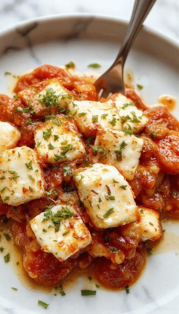 A plate of oven-roasted feta and cherry tomato pasta garnished with fresh basil on a rustic wooden table.