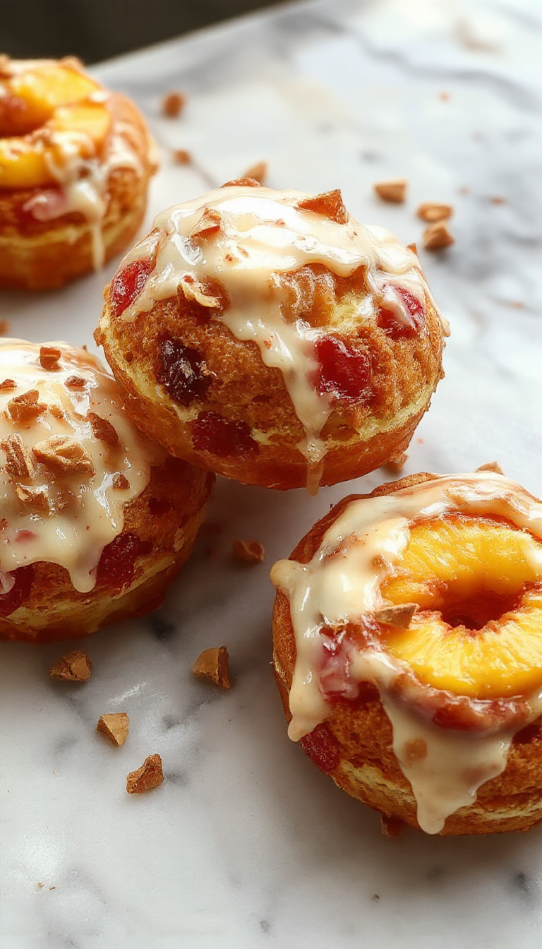 A delicious Peachy Keen Cruffins showcasing golden, flaky pastry filled with vibrant peach filling and topped with powdered sugar.