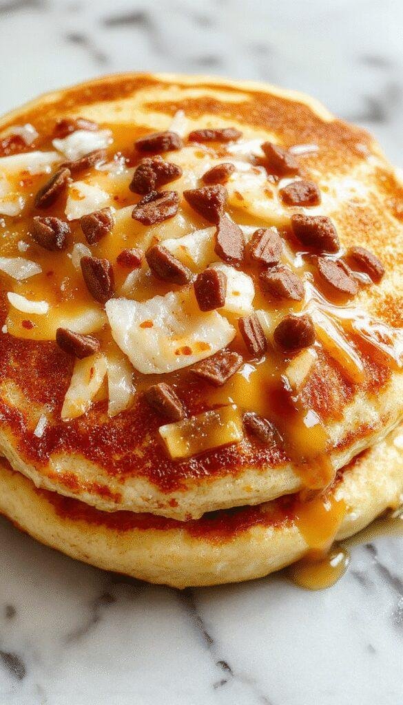 A stack of fluffy coconut pancakes topped with toasted coconut flakes and fresh strawberries on a rustic plate.