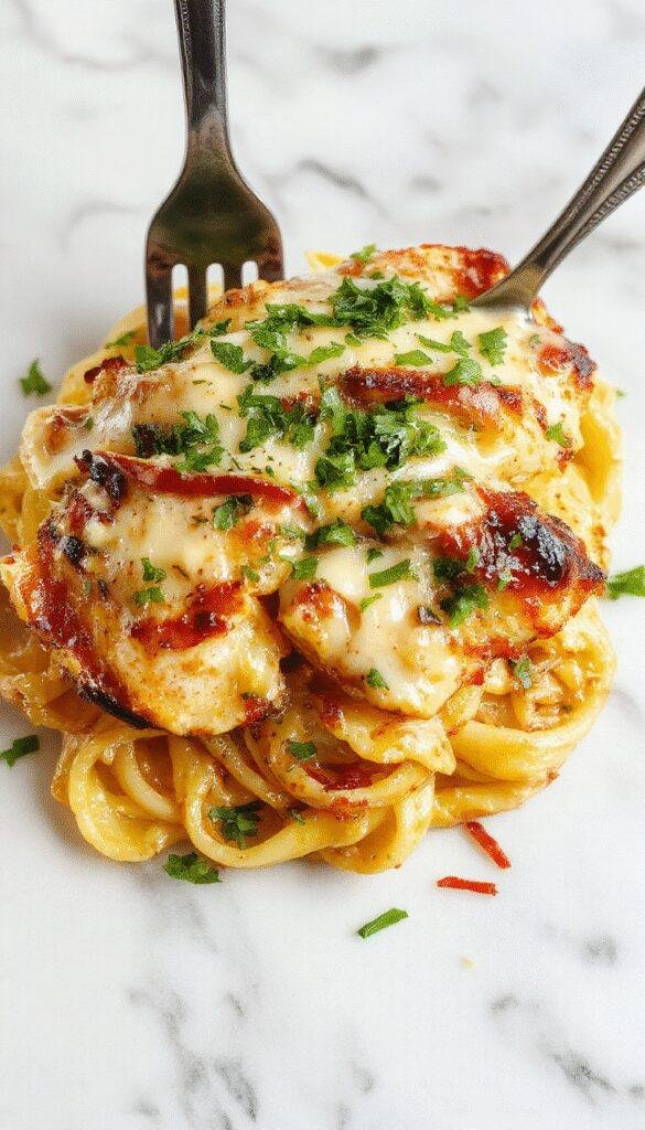 Creamy grilled chicken Alfredo pasta topped with fresh herbs, served on a white plate with a fork and colorful background