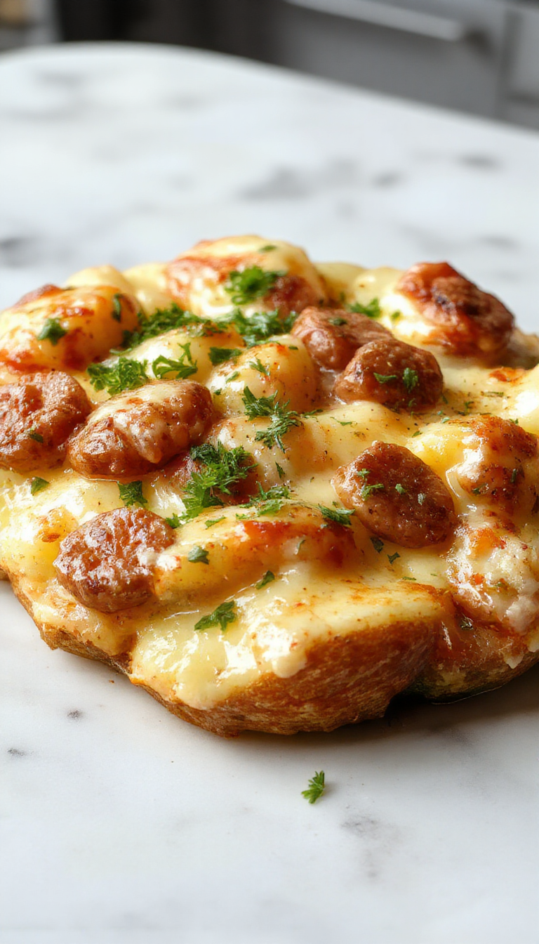A hearty Ranch & Smoked Sausage Potato Bake in a casserole dish topped with melted cheese and fresh herbs, served with a side salad.