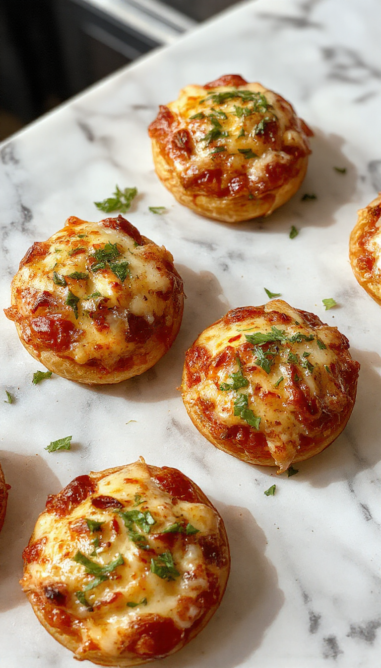 A platter of bite-sized savory pizzas with crispy crusts topped with cheese, vegetables, and meats, perfect for gatherings.